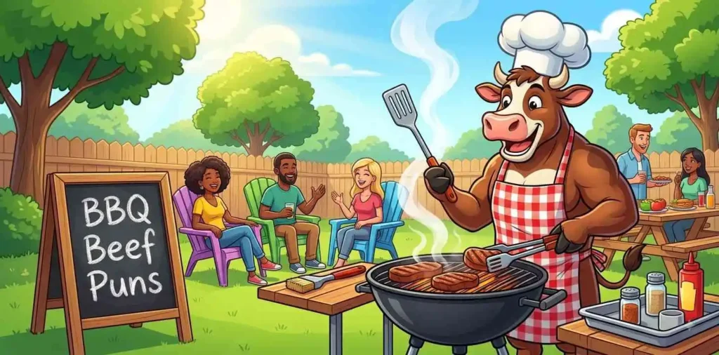 Beef mascot grilling BBQ steaks