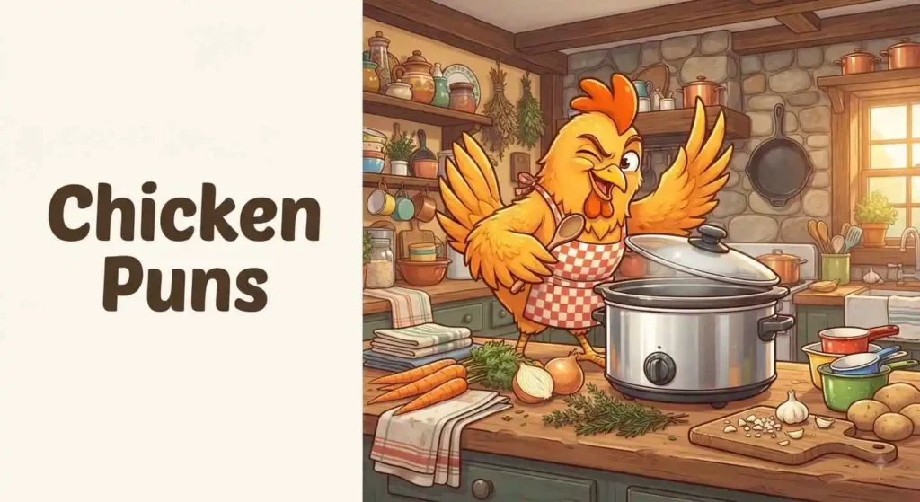 Funny chicken cooking dinner