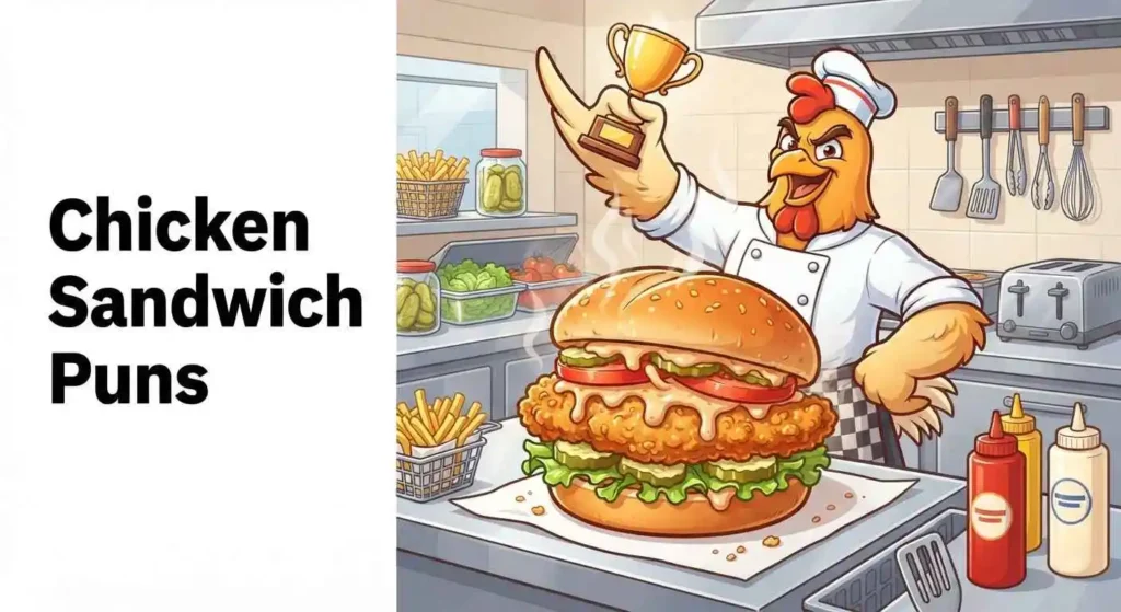 Funny chicken serving crispy sandwich