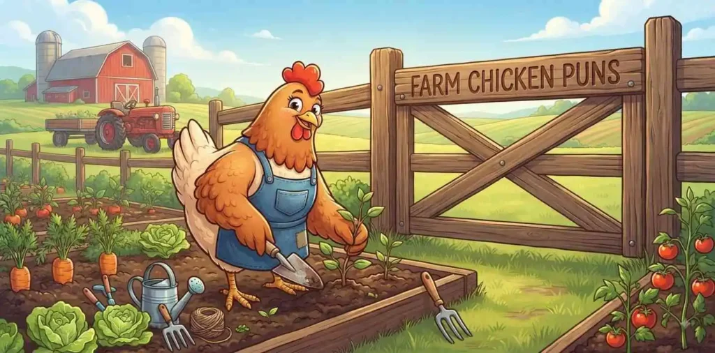 Chicken on a colorful farm scene