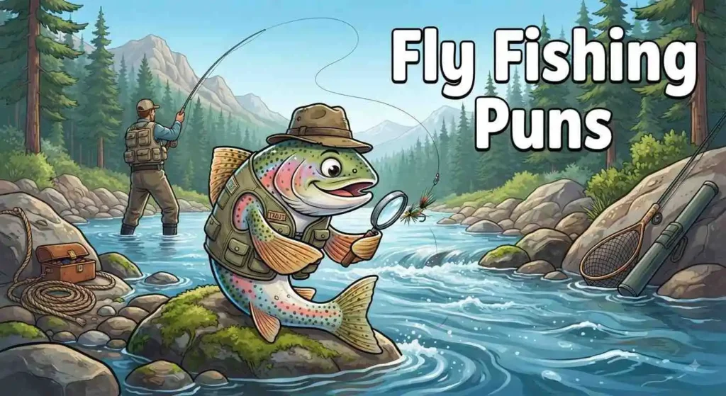 Funny trout enjoying fly fishing