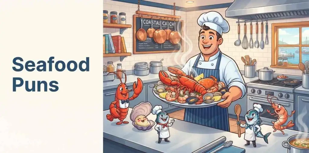 Funny seafood kitchen scene