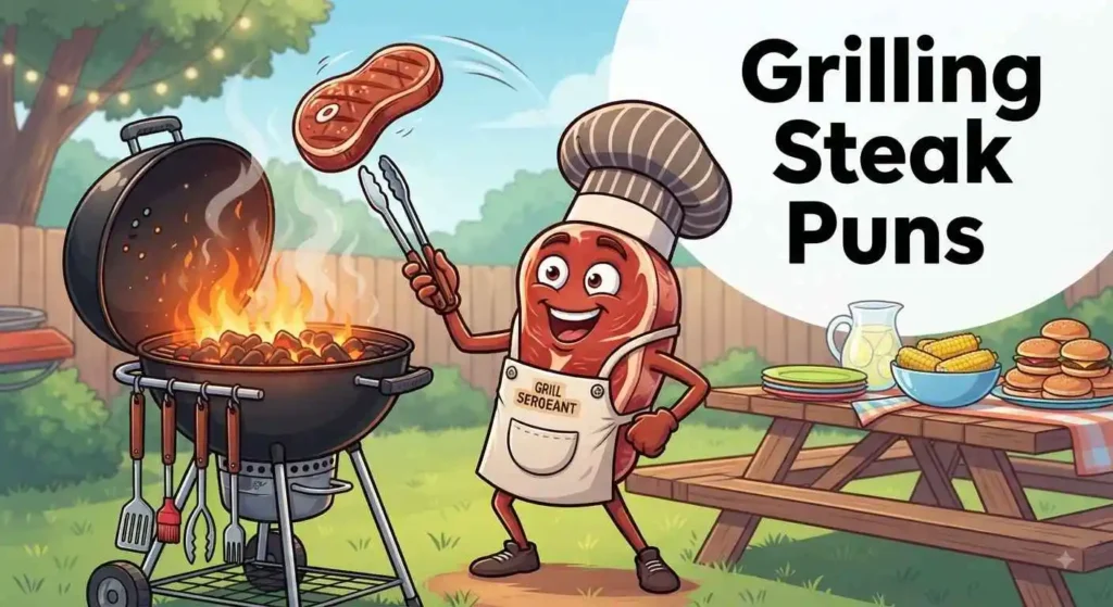 Funny steak grilling at barbecue