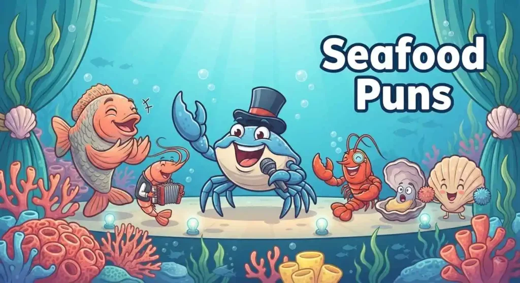 Funny seafood characters underwater
