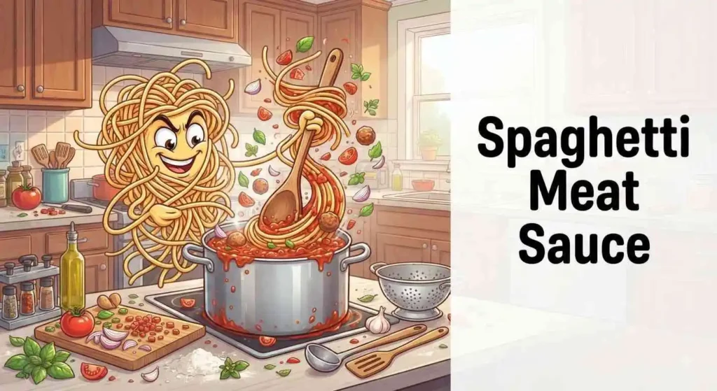 Funny spaghetti cooking meat sauce
