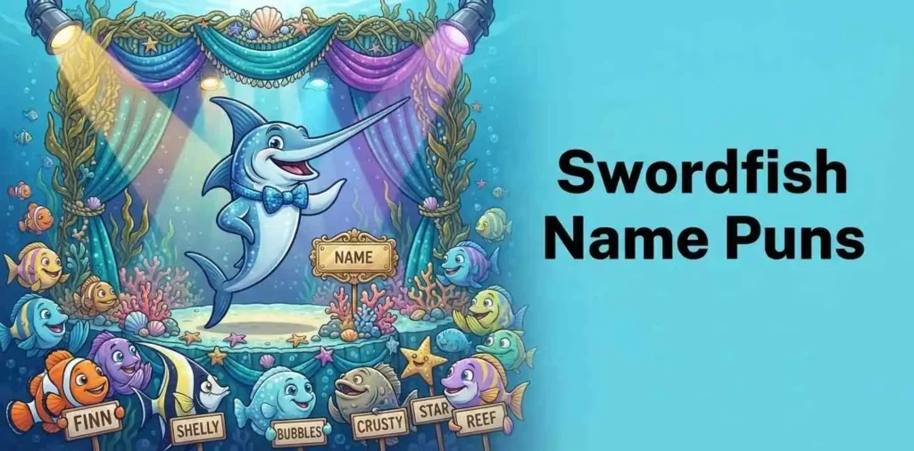 Cute swordfish character naming scene