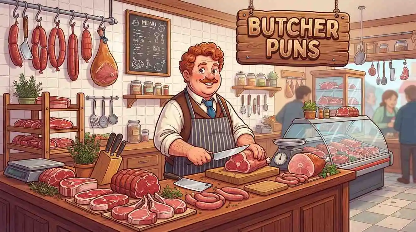 Funny butcher in meat shop