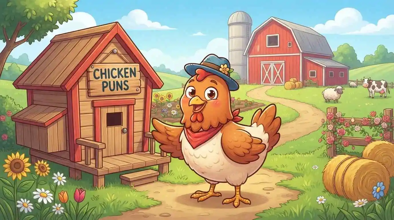 Funny chicken with playful farm scene