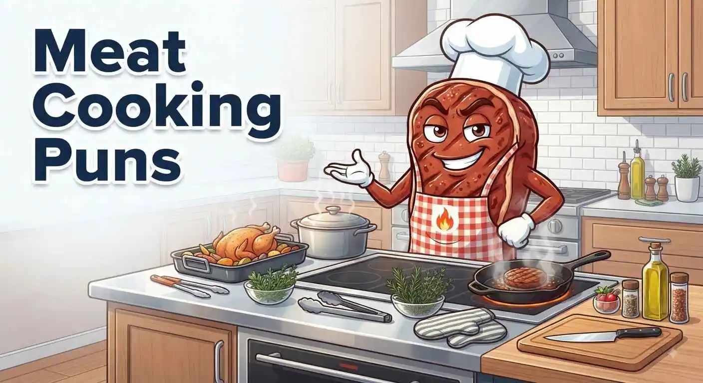 Funny meat cooking in kitchen